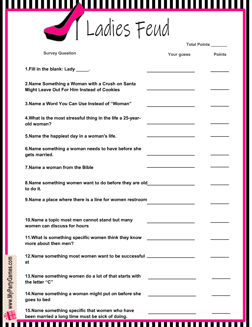 Ladies Feud Free Printable Ladies Night Family Feud Game