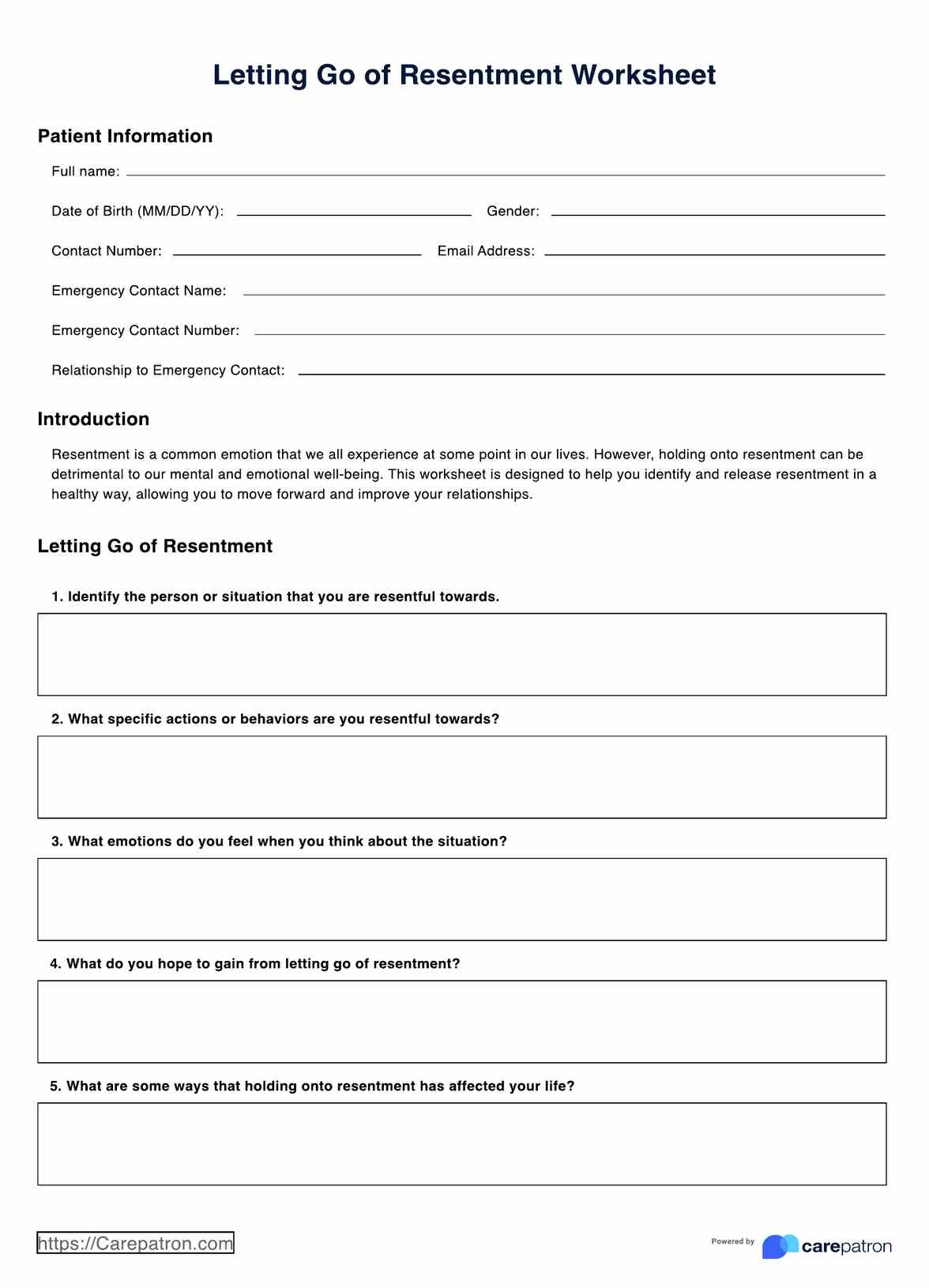 Letting Go Of Resentment Worksheet Example Free PDF Download