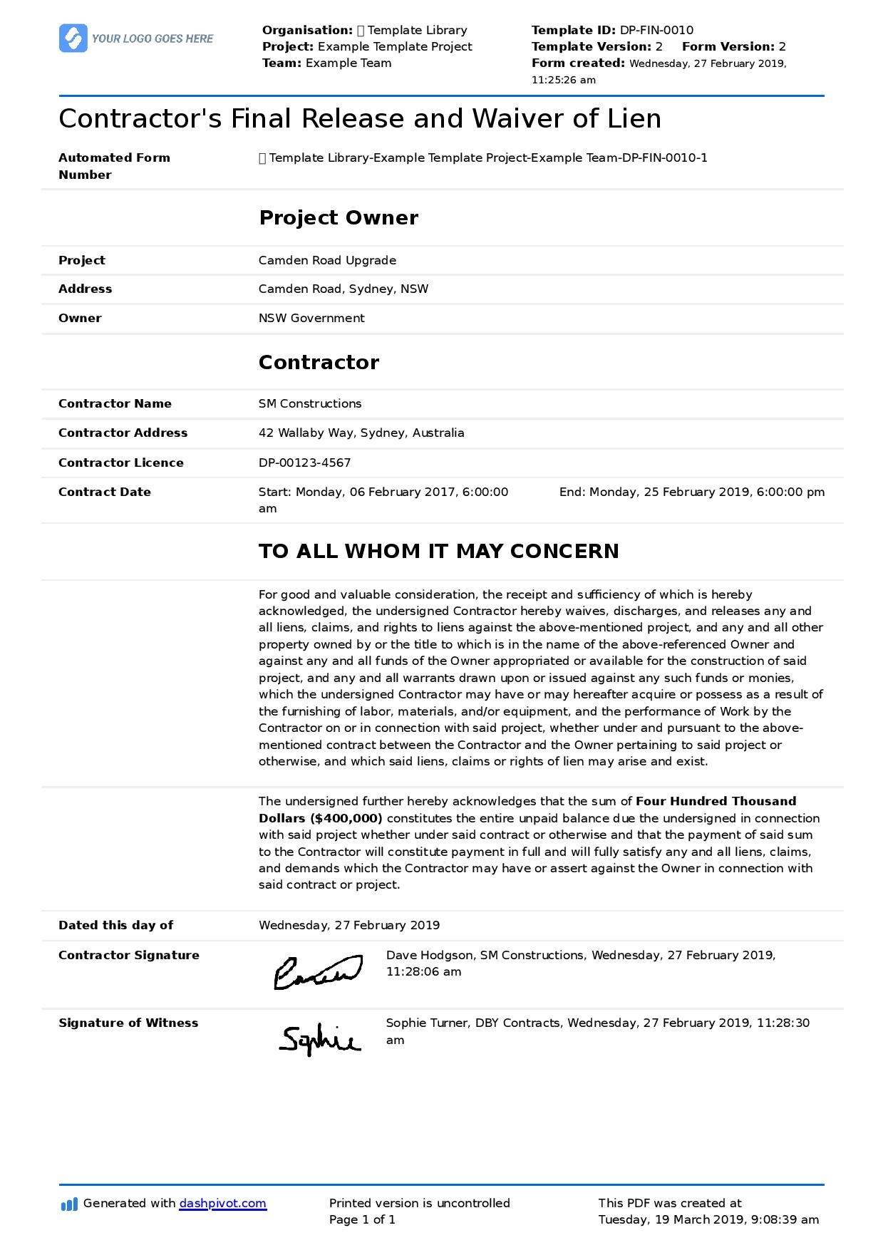 Free Printable Lien Waiver