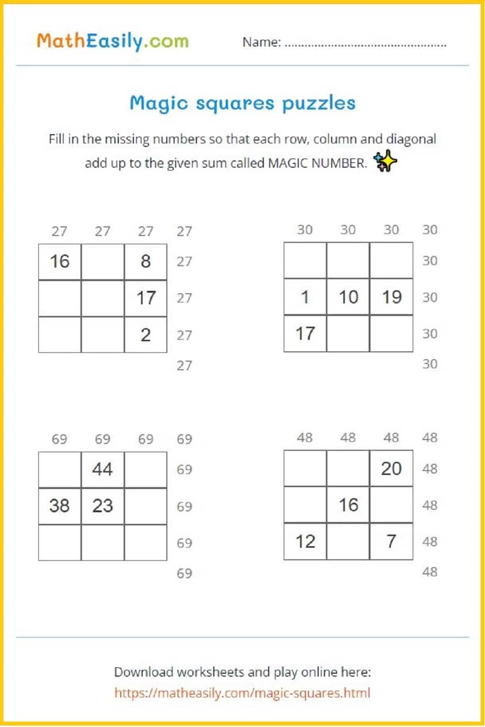 Magic Squares Puzzles ONLINE Worksheets