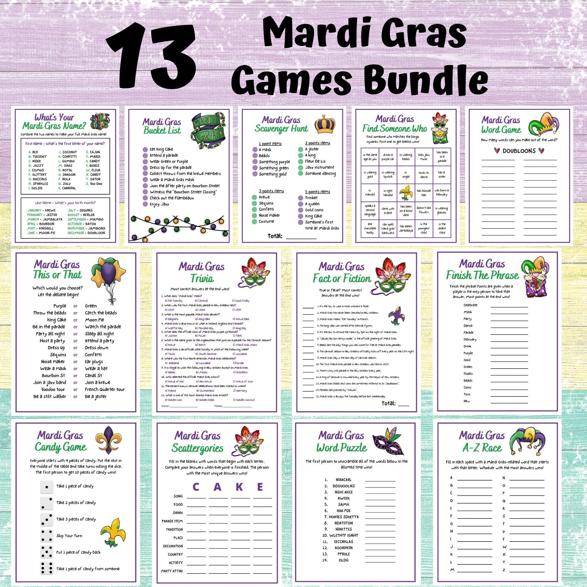 Mardi Gras Games Bundle Printable Mardi Gras Party Game Mardi Gras Family And Kids Activity Fat Tuesday Classroom Games Digital Etsy