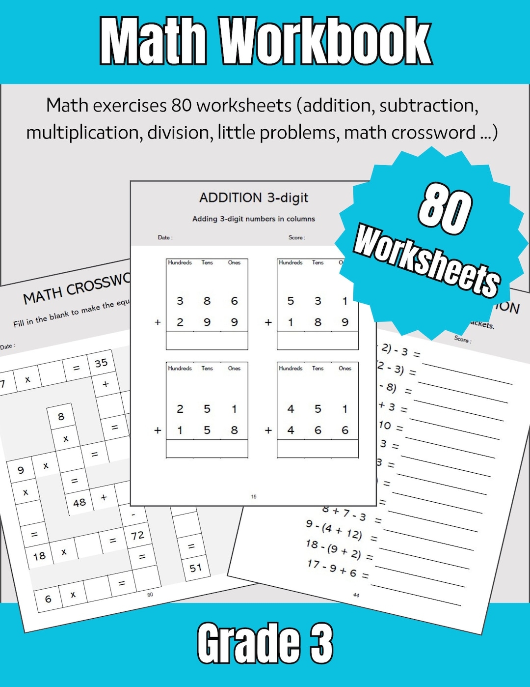 Math Workbook Worksheets Printable Grade 3 Etsy
