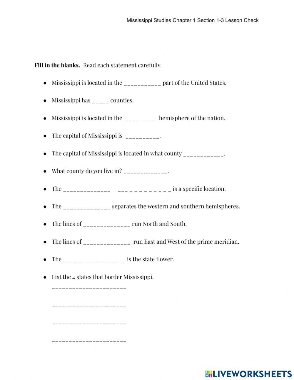 Mississippi Studies Chapter 1 Section 1 3 Quiz Worksheet Live Worksheets Library