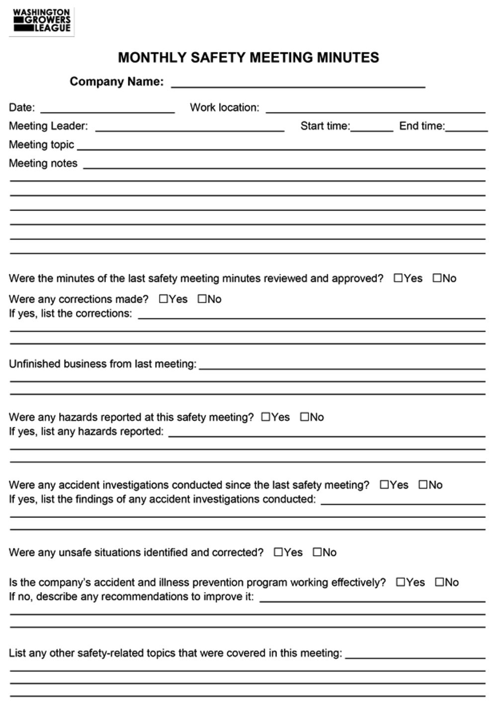 Monthly Safety Meeting Minutes Washington Growers League