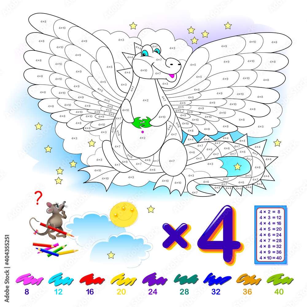 Multiplication Table By 4 For Kids Math Education Coloring Book Solve Examples And Paint The Dragon Logic Puzzle Game Printable Worksheet For Children School Textbook Play Online Stock Vector Adobe Stock