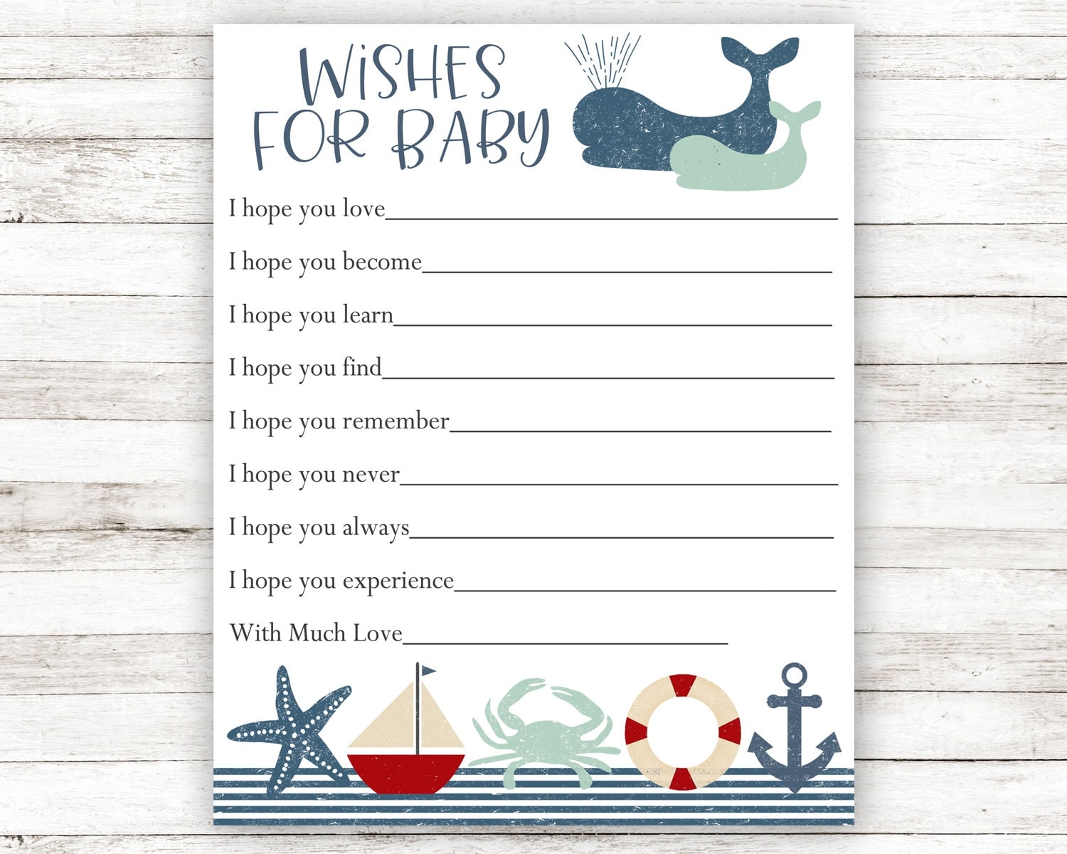 Nautical Wishes For Baby Baby Shower Advice Cards Wishes For Baby Printable Baby Shower Wishes Anchor Sailor Whale Blue Boy SAP1 Etsy