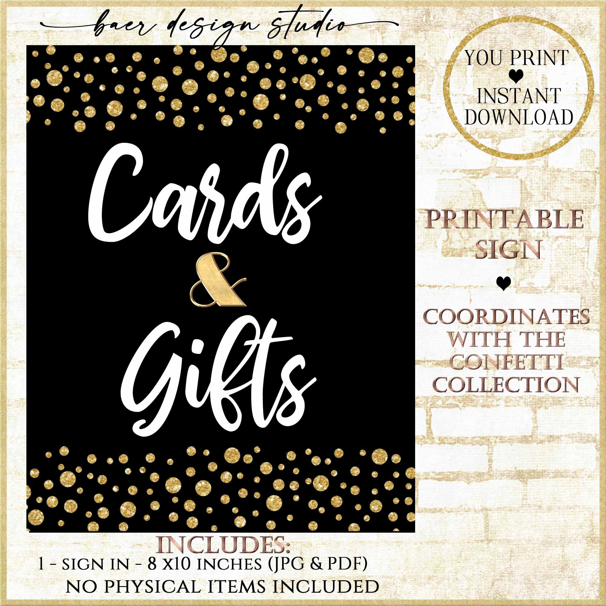 NEW Cards And Gifts Sign Printable Downloadable Black And Gold Gifts Sign 101421 Baer Design Studio