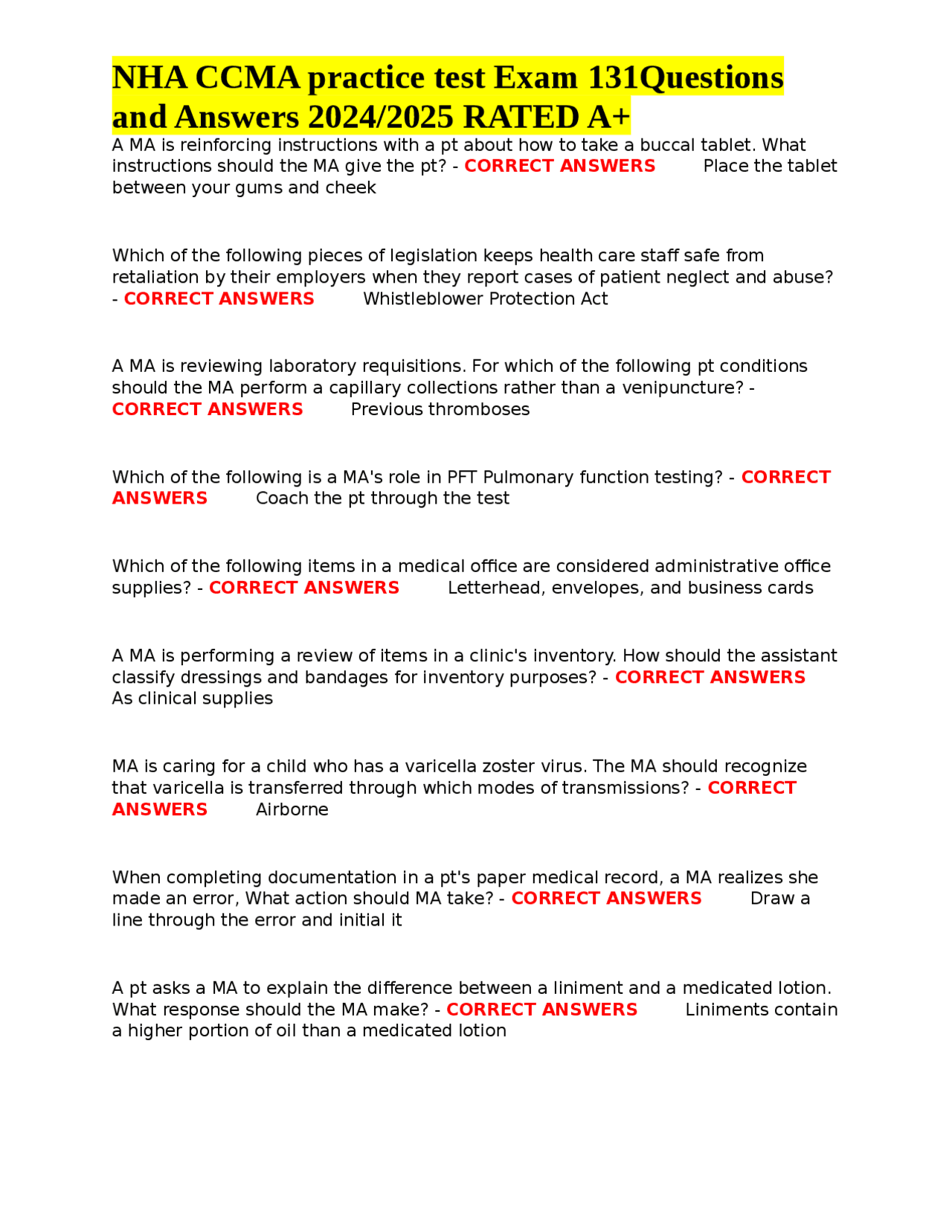 NHA CCMA Practice Test Exam 131 Questions And Answers 2024 2025 Exams Nursing Docsity