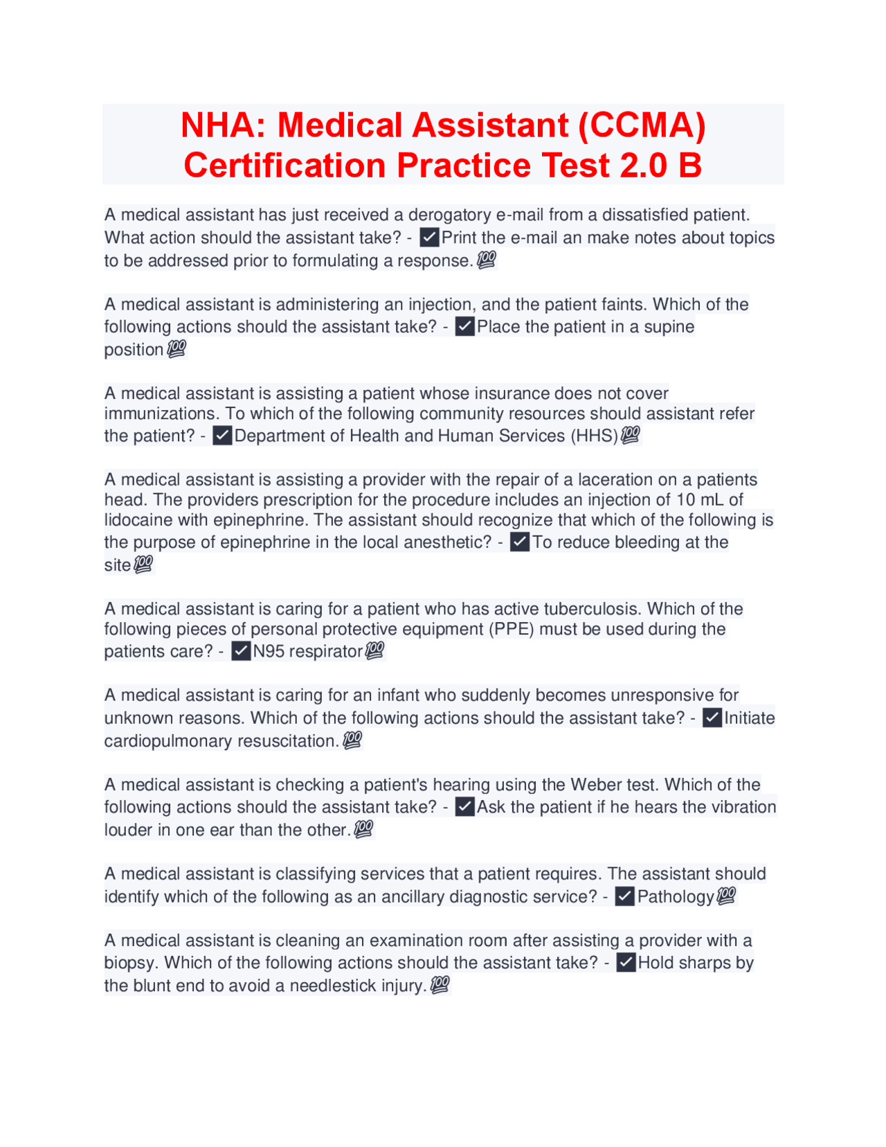 NHA Medical Assistant CCMA Certification Practice Test 2 0 B Exams Nursing Docsity