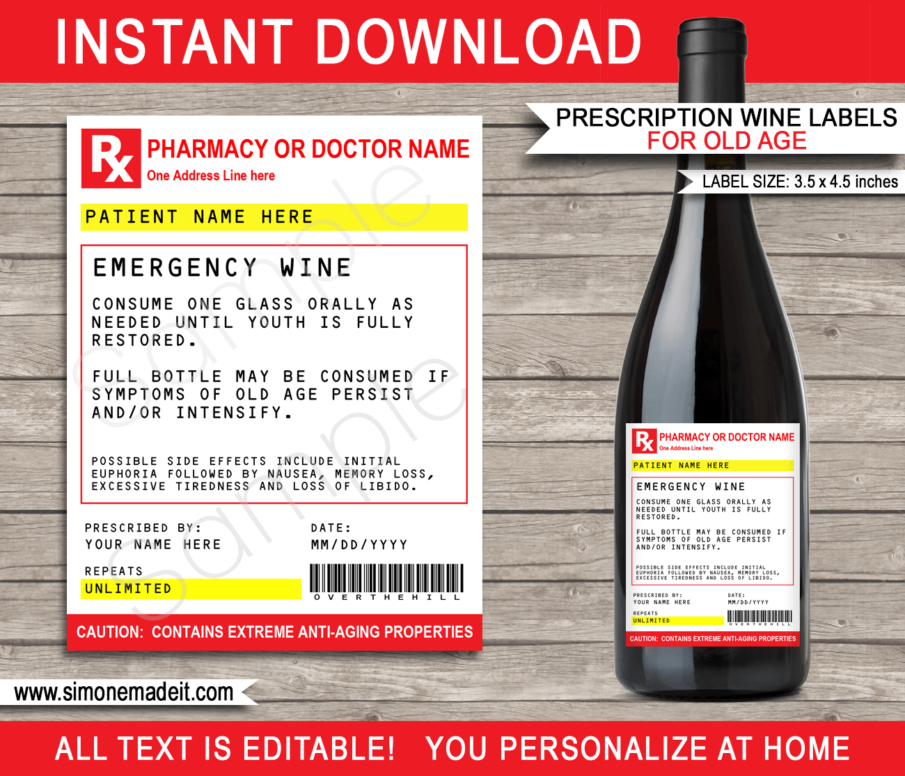 Old Age Prescription Wine Labels Template Gag Gift Fake Pharmacy Label