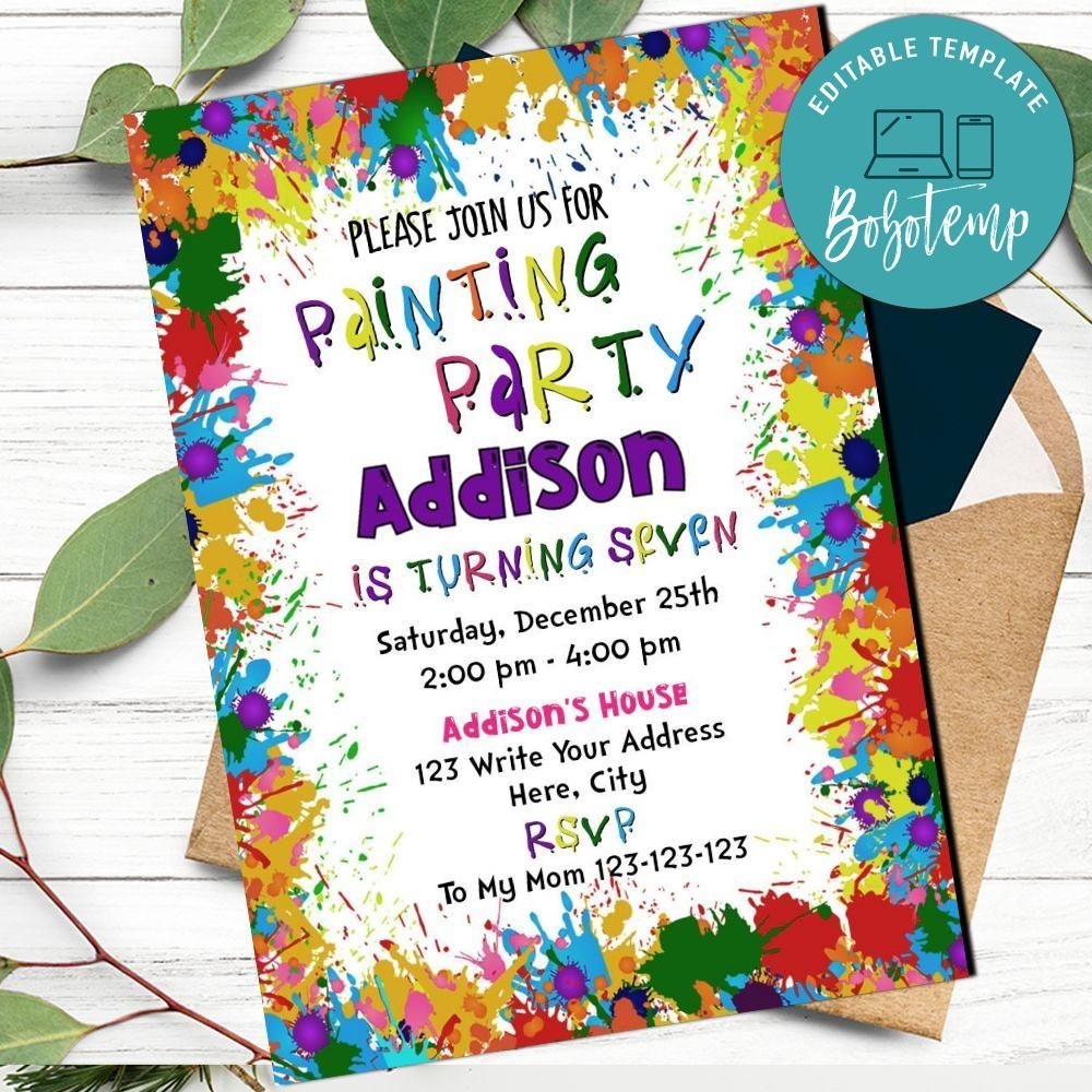 Paint Splatter Invitation Customizable Template Instant Download Bobotemp