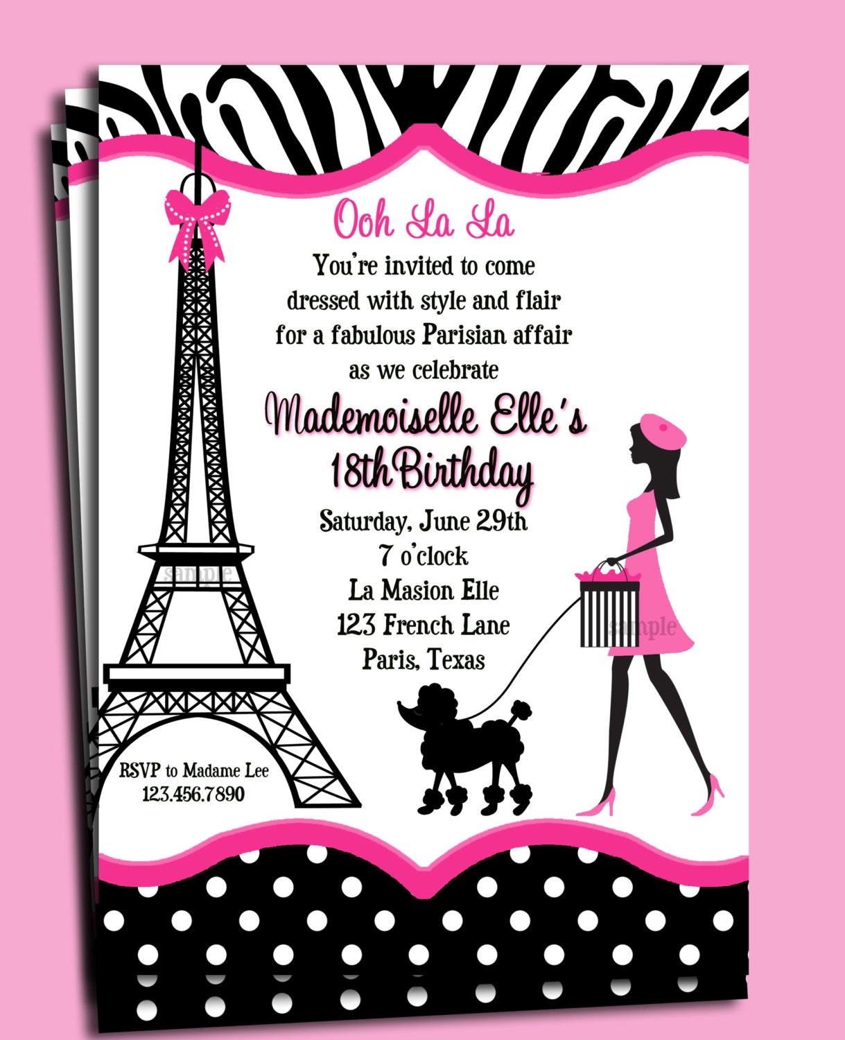 Paris Invitation Printable Or Printed With FREE SHIPPING Eiffel Tower Girl Walking Poodle Etsy
