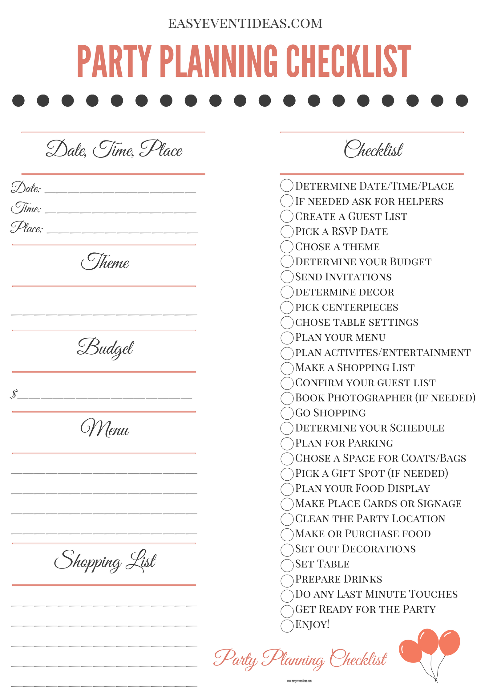 Party Planning And Hosting Tips FREE Printable Checklist Worksheets Library