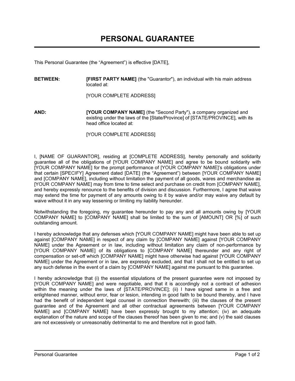 Personal Guarantee Template Download 