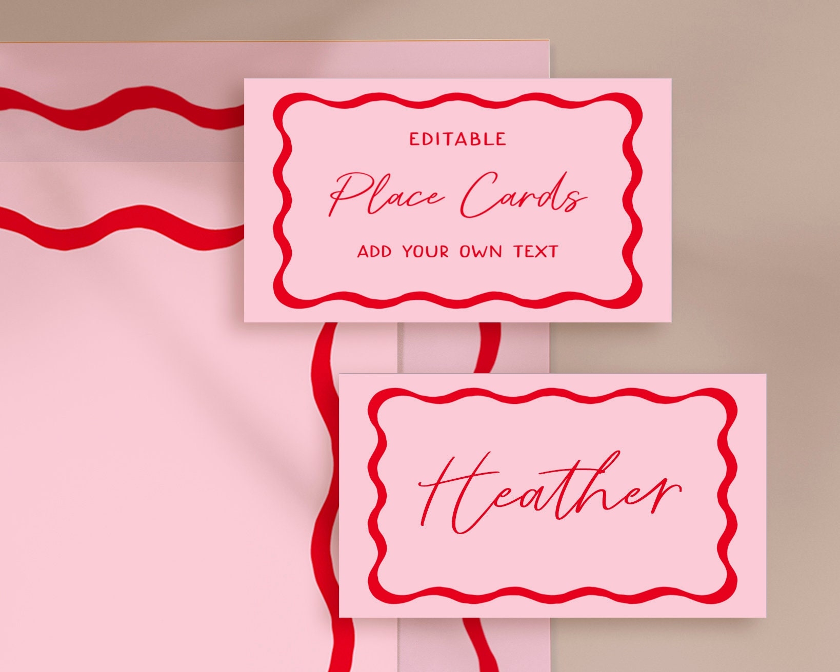 Pink And Red Wavy Place Card Template Retro Wedding Name Cards Wave Invitations Squiggle Invitations Template 70s Wedding Printable 22 Etsy