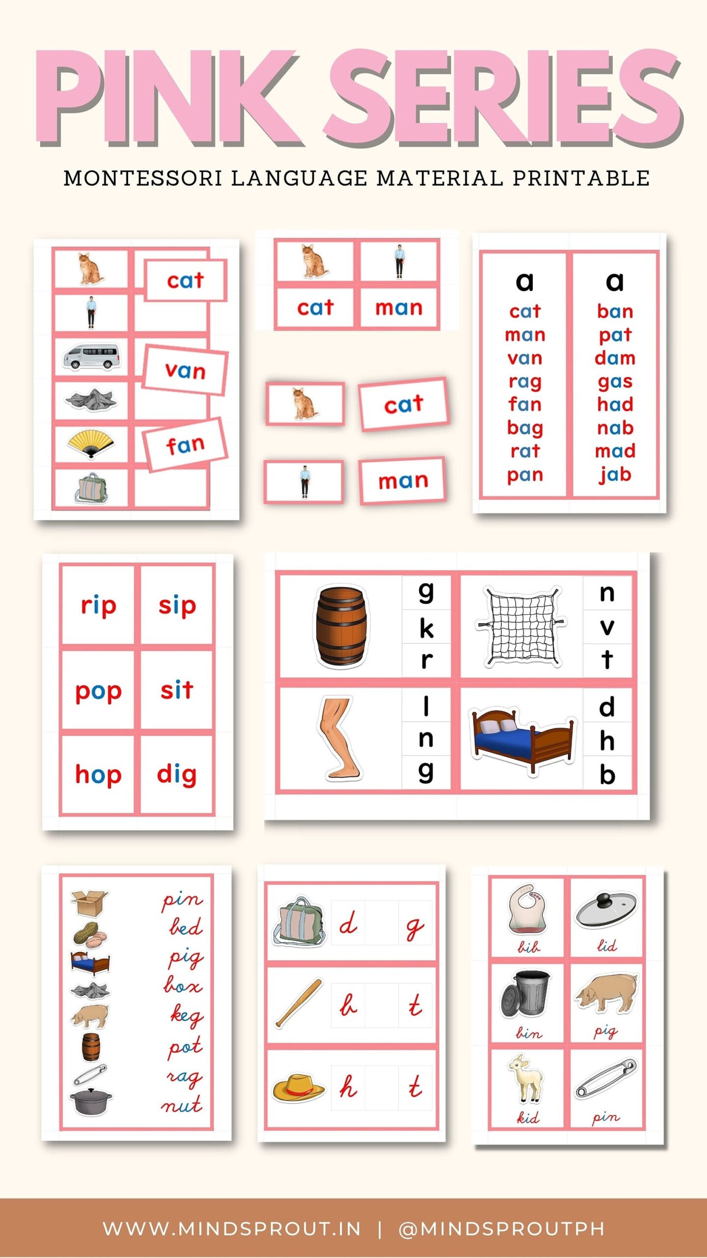 Pink Language Series PBG Montessori Language Reading System CVC Words Picture Cards Short Vowel Sounds PRINT Pink Series Printable Bundle Etsy