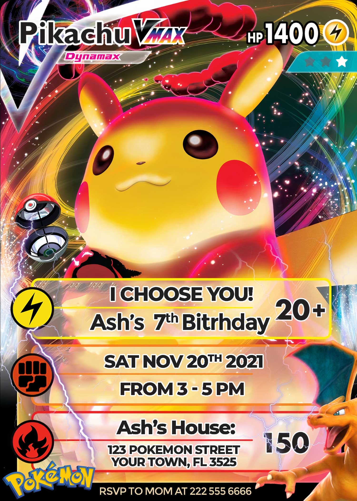 Pokemon Pikachu Birthday Invite Vmax Card
