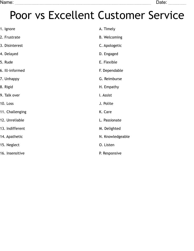 Poor Vs Excellent Customer Service Worksheet WordMint