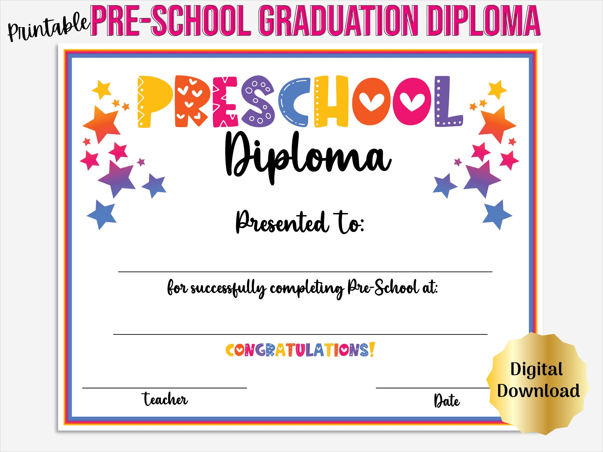 Preschool Graduation Diploma Certificate Printable Preschool Graduate Template Includes Editable PDF Etsy