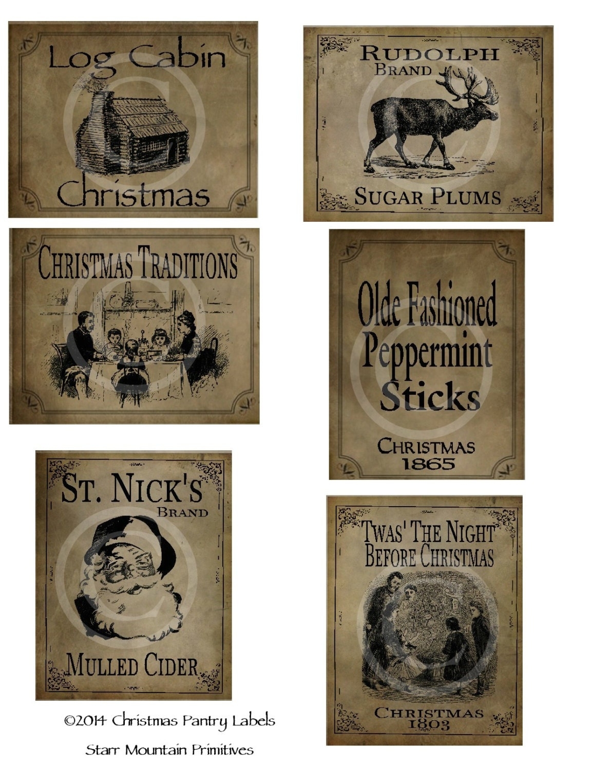 Primitive Christmas Rudolph Santa Peppermint Sticks Log Cabin Pantry Logo Labels Jpeg Digital File For Crock Jar Labels Pillows Doll Etsy