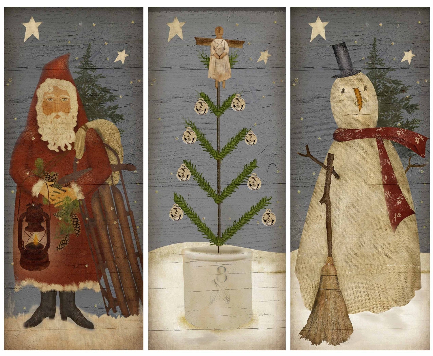 Primitive Christmas Trio Instant Download Print Sheet Etsy