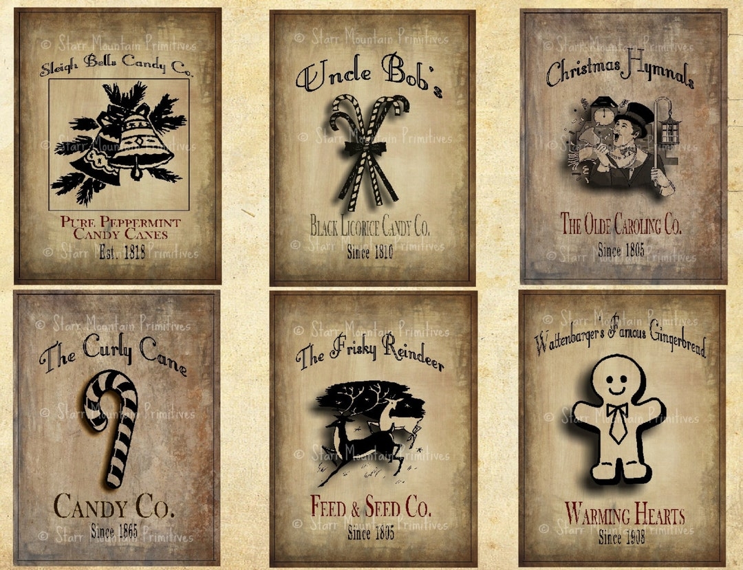 Primitive Vintage Christmas Set 6 Pantry Logo Labels Jpeg Image Great For Pillows Boxes Crates Jars Crocks Hang Tags Magnets Ornies Etsy Israel