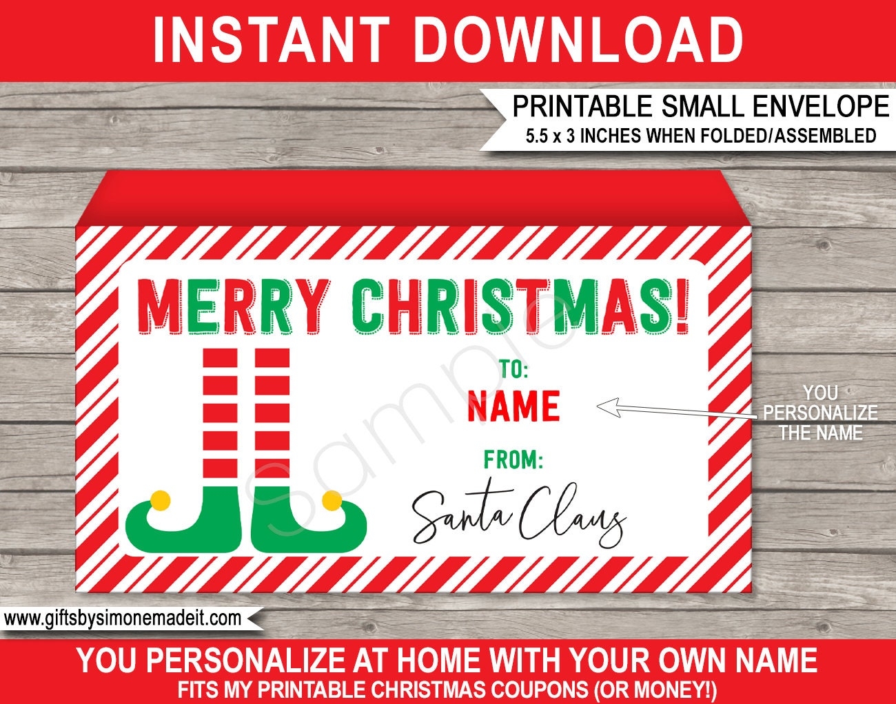 Printable Christmas Envelope Template Elf Gift Last Minute Personalized INSTANT DOWNLOAD With EDITABLE Name Santas Workshop Etsy
