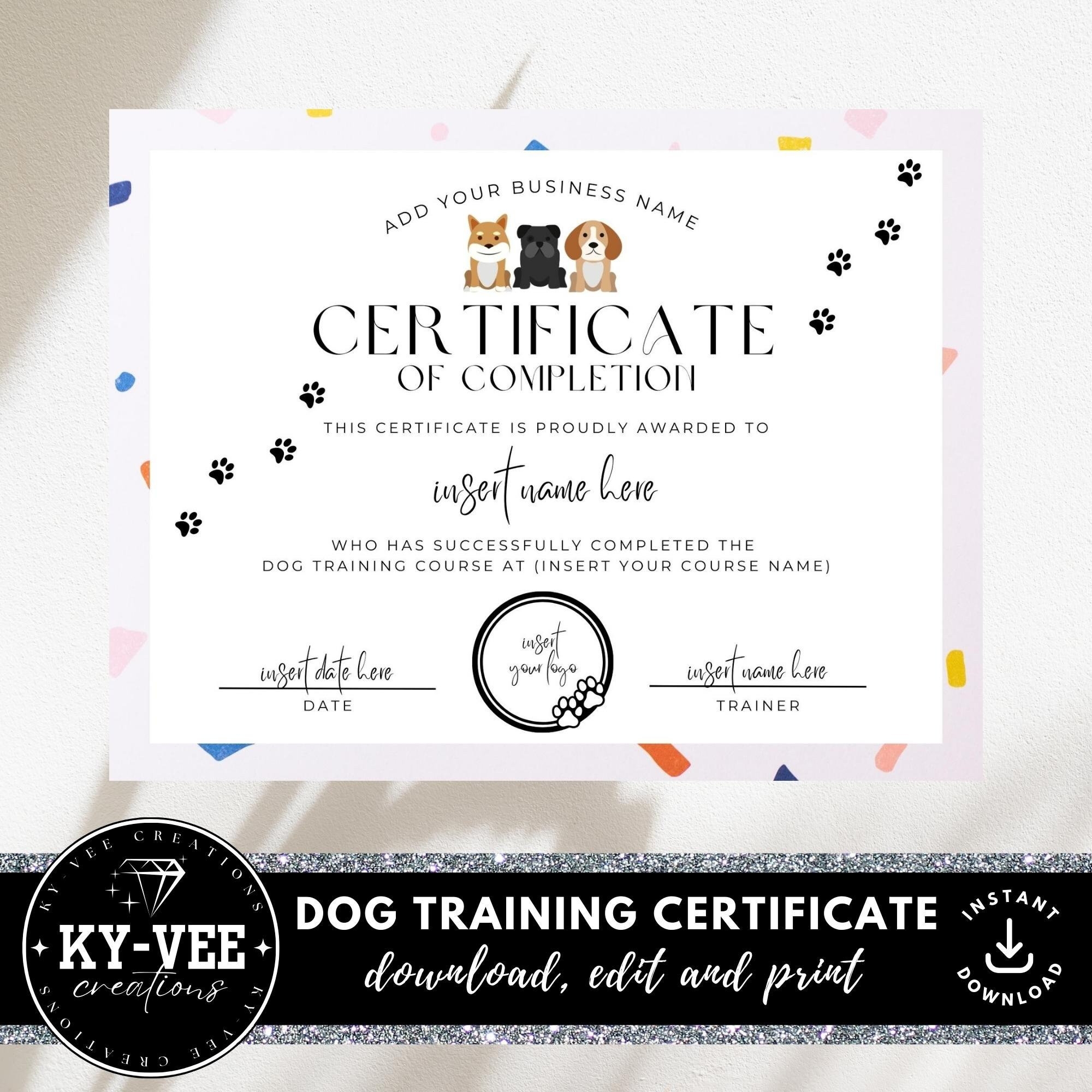 Printable Dog Training Certificate Template INSTANT DOWNLOAD Course Completion Certificate Editable Canva Course Certificate DIY Award Etsy