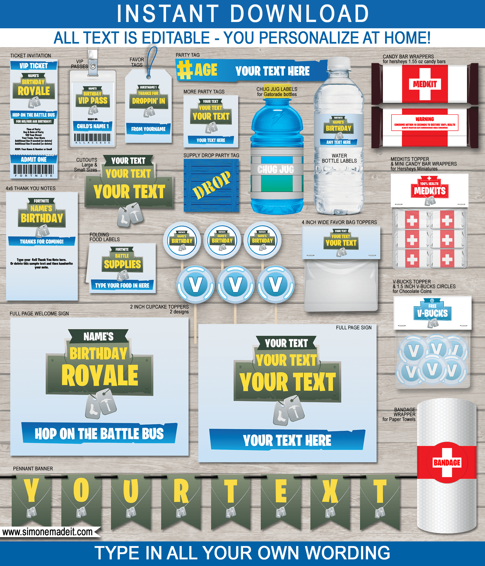 Printable Fortnite Birthday Party Decorations Invitations