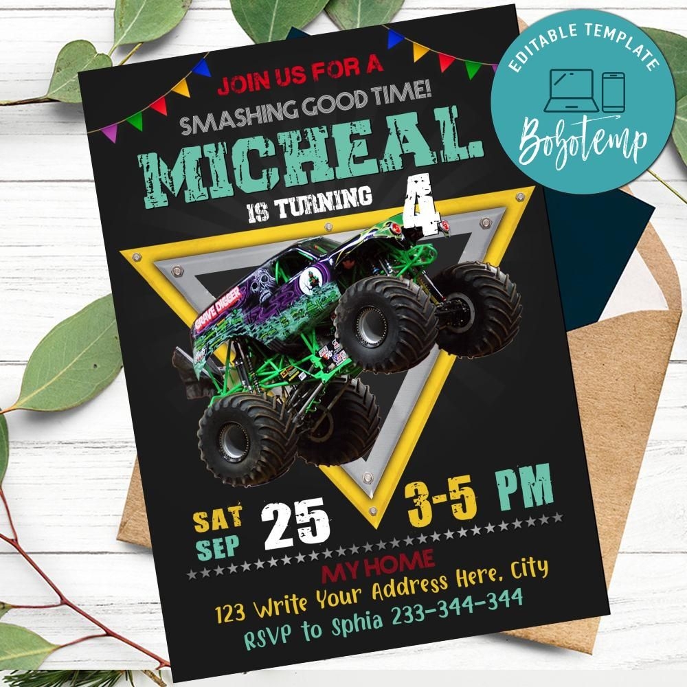 Printable Grave Digger Monster Truck Birthday Invitation DIY Bobotemp