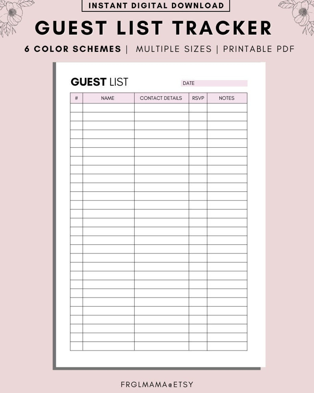 Printable Guest List Planner Guest List Tracker RSVP Tracker Party Christmas Contact Printable Planner Instant Download A4 A5 LETTER Etsy