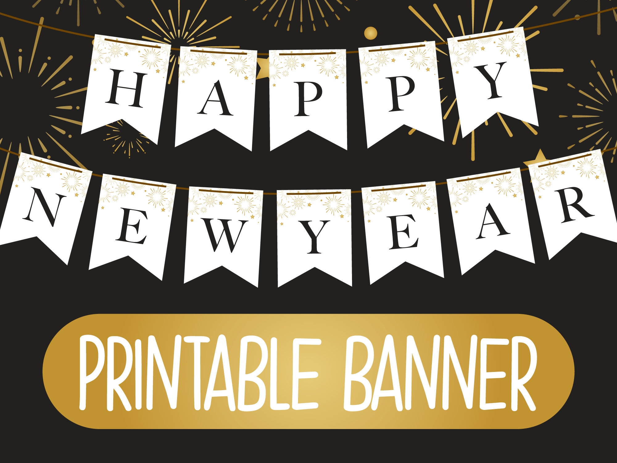 Printable Happy New Year Banner Printable Happy New Year Bunting Black And Gold New Year s Eve Party Decorations Printable NYE Garland Etsy