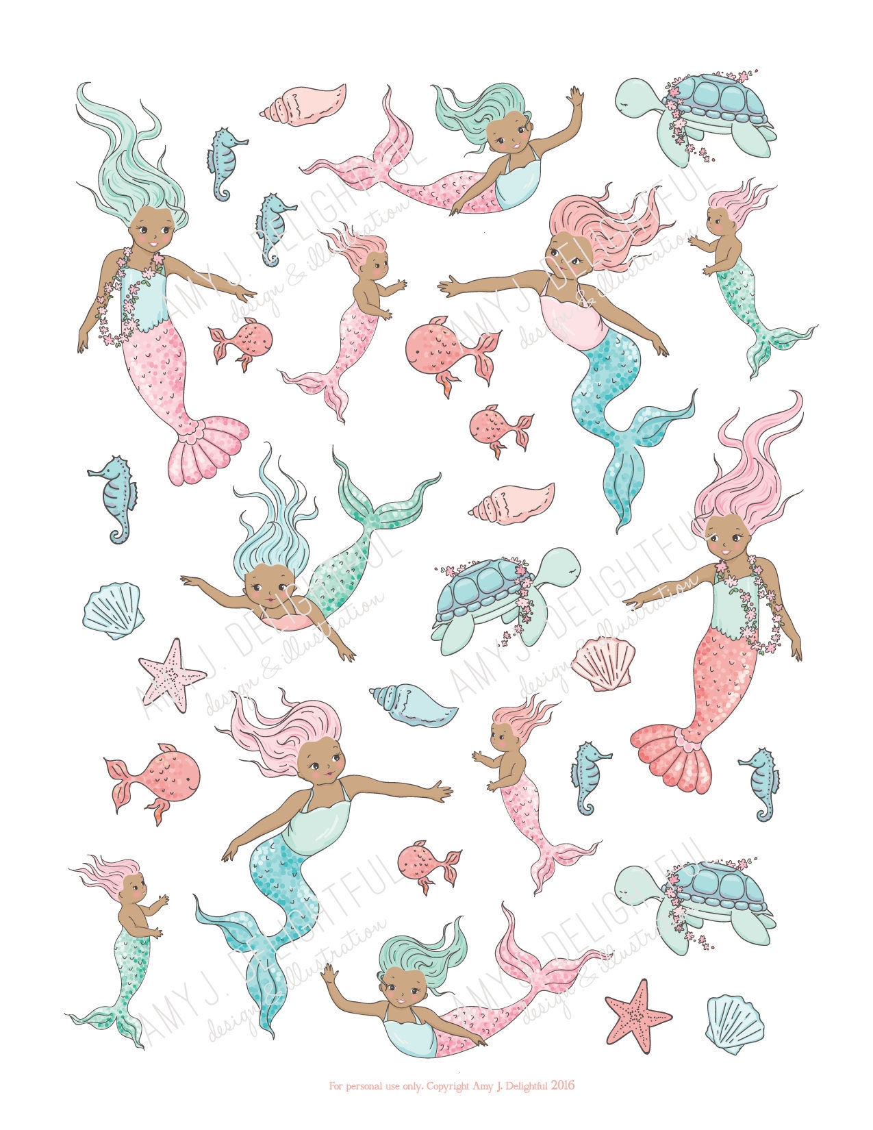 Printable MERMAID Stickersdigital File Instant Download dark Skin Bando Happy Planner Hand Drawn Sea Critters Ocean Etsy