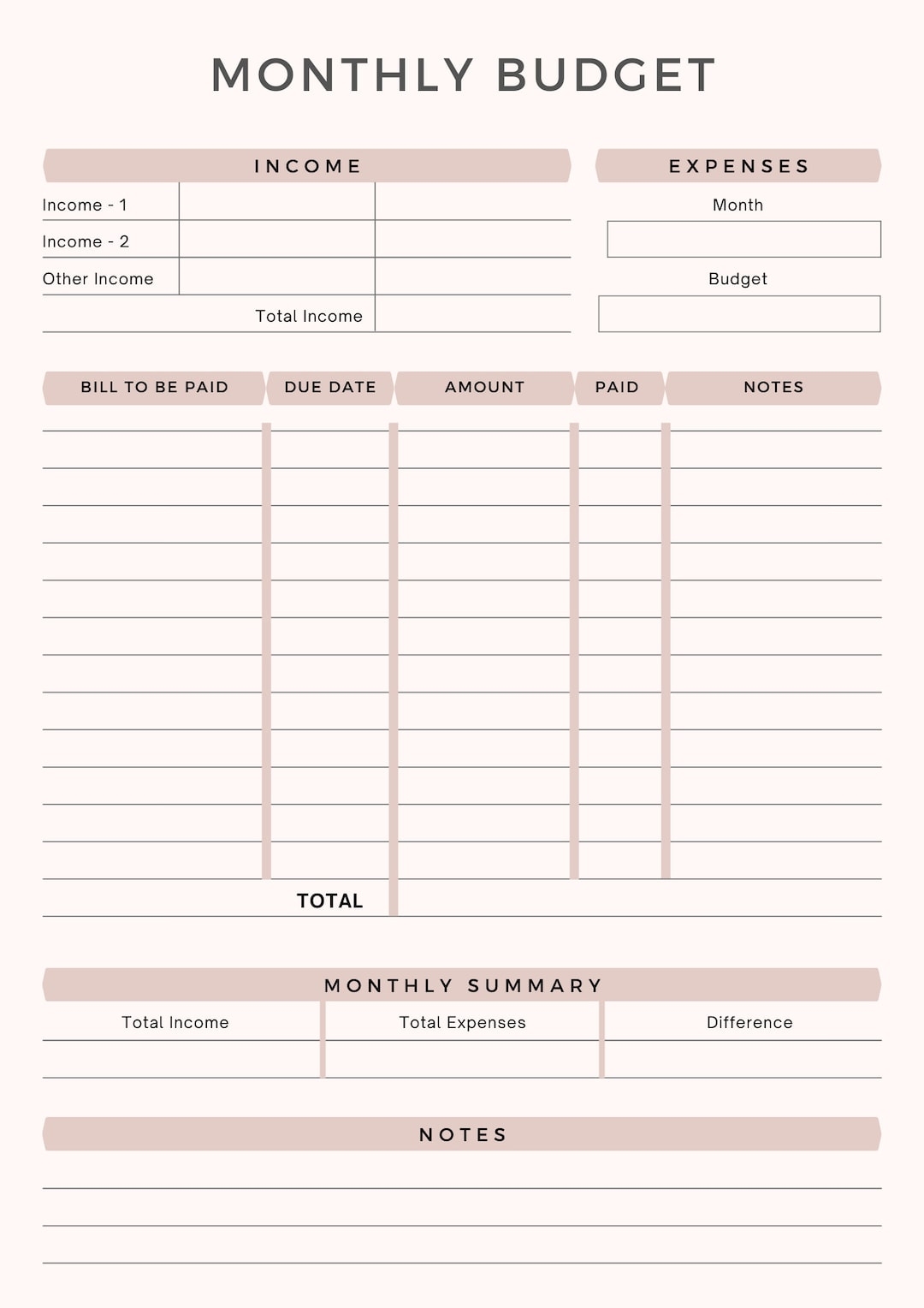 Printable Monthly Budget Planner Sheet Monthly Income Expense Recorder Monthly Budget Printable Worksheet PDF A4 Instant Download Etsy