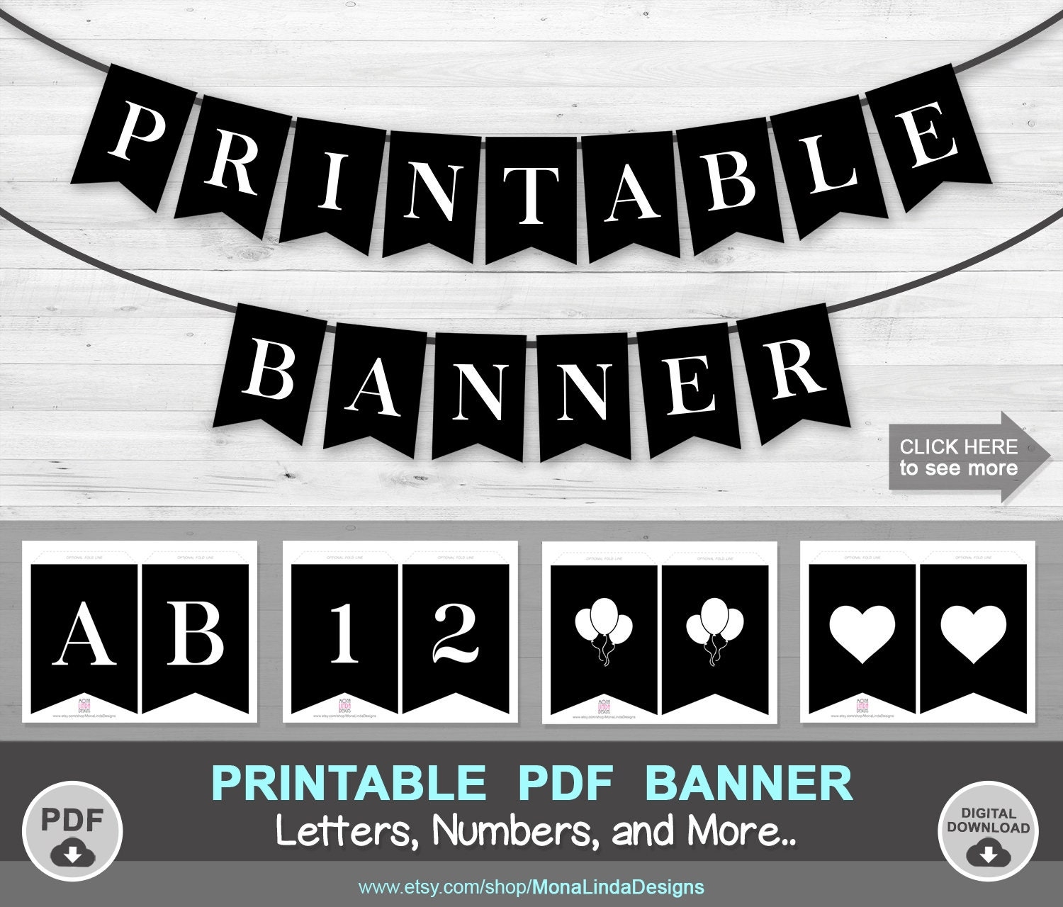 Printable PDF BANNER Printable Alphabet Letter Banner Printable Swallowtail Banner Bunting Black White Banner A Z Banner Template Etsy