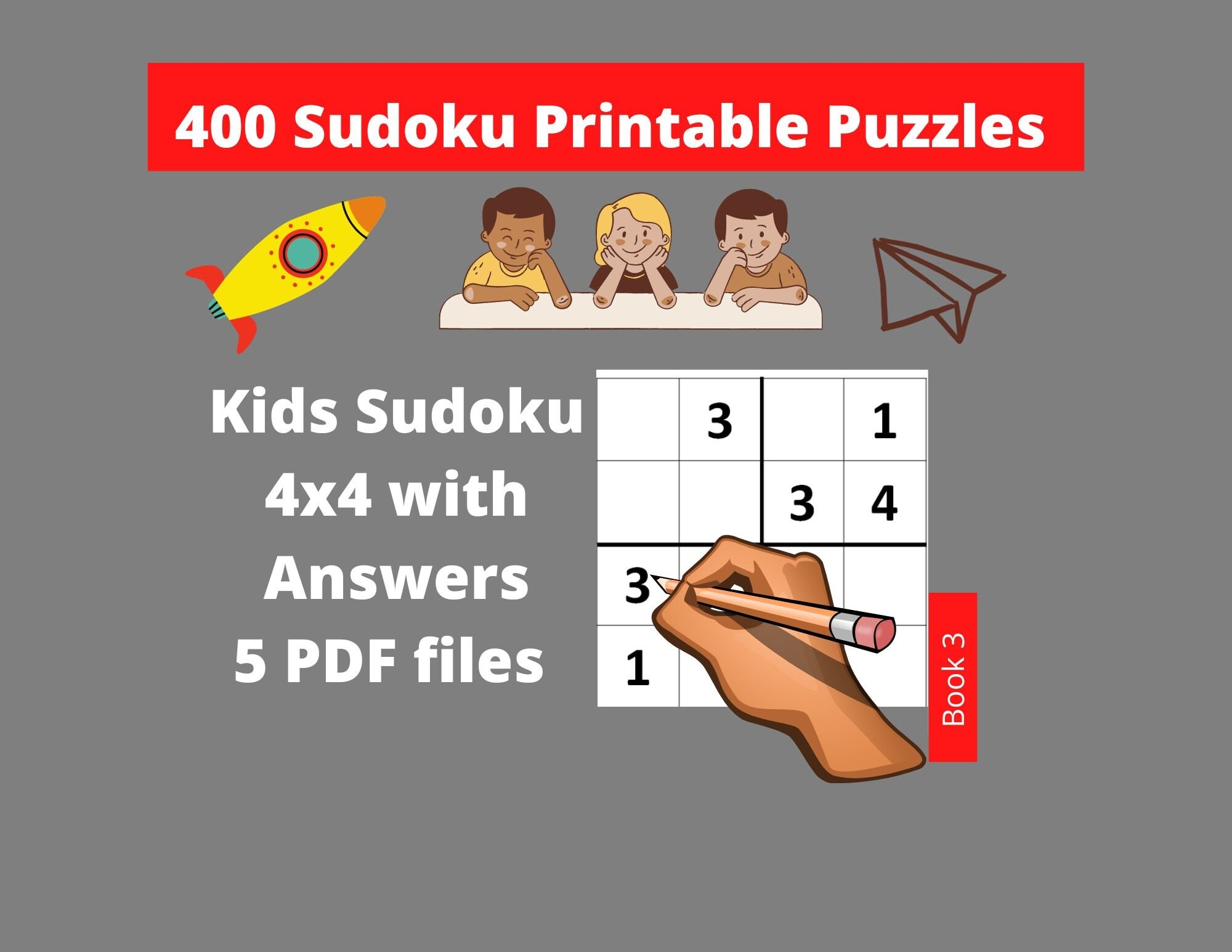 Printable PDF Easy Sudoku For Kids 4x4 400 Children Puzzles With Answers Instant Download Etsy