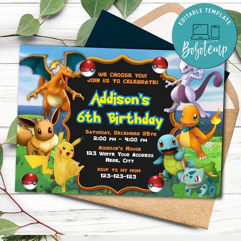 Printable Pokemon Birthday Invitation Templates Instant Download Createpartylabels