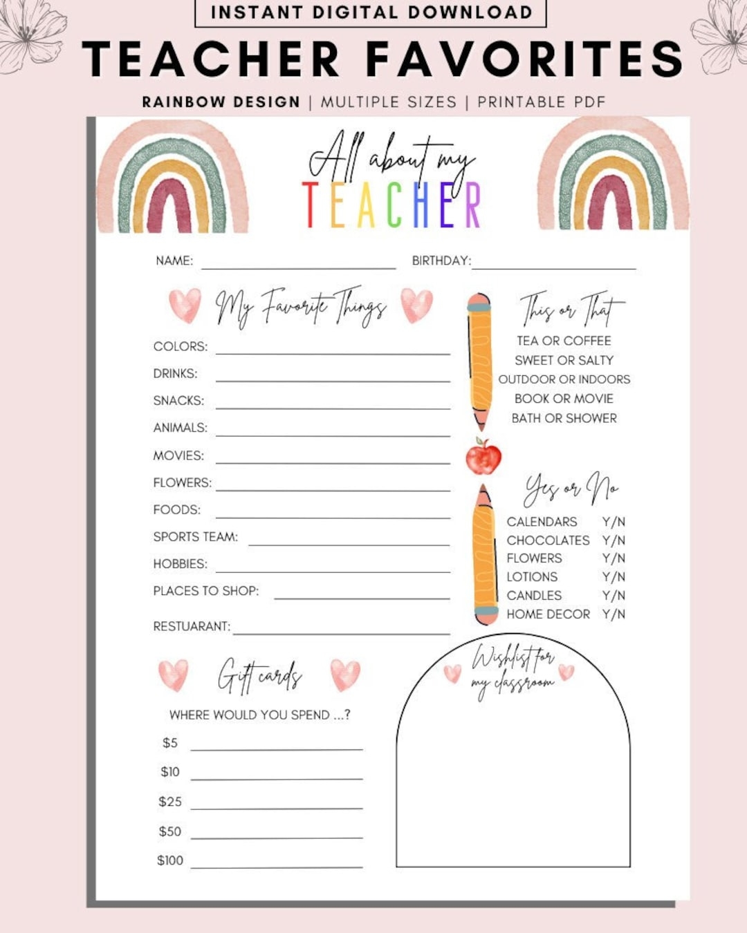Printable Teacher Questionnaire Getting To Know You Questionnaire Getting To Know You Printable Teachers Favorite Things Back To School Etsy