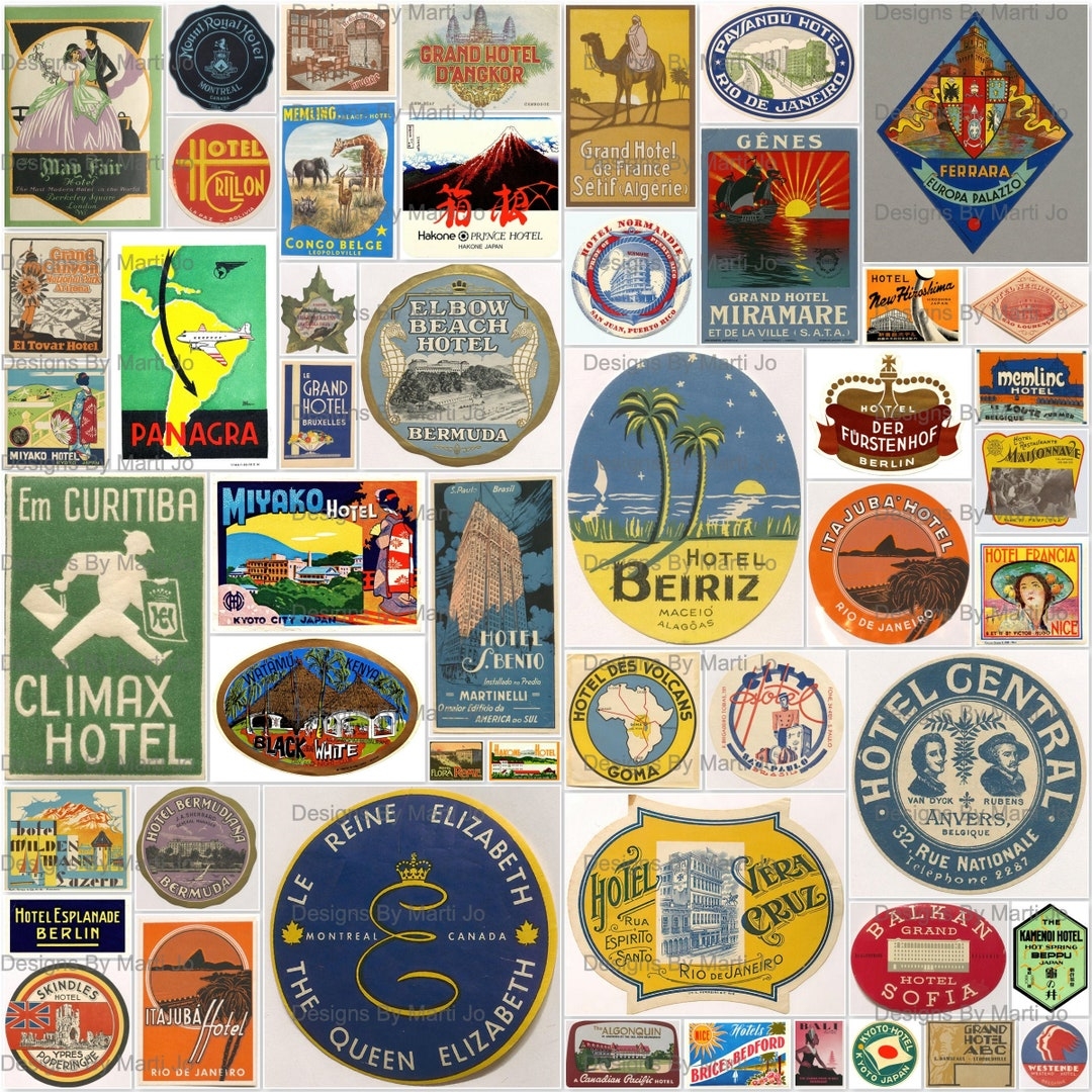Printable Vintage Luggage Labels Kit 2 50 Vintage Hotel Labels Suitcase Clipart JPG Digital Download Commercial Use OK VL13 Etsy