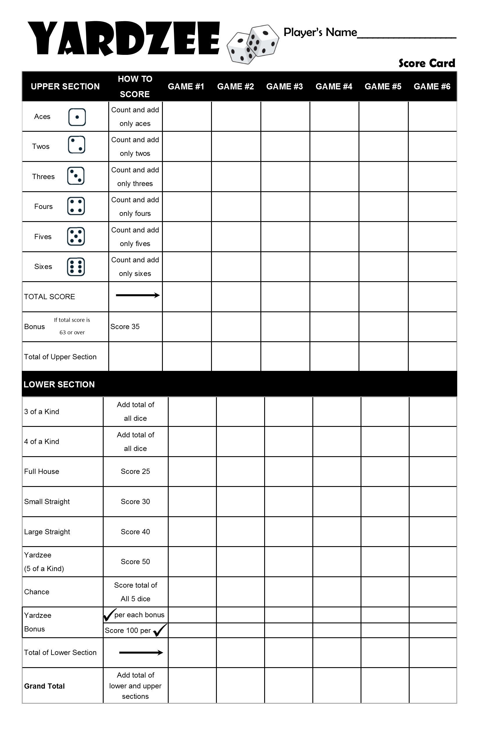 Printable Yardzee Yahtzee Laminated Score Sheet Scorecards With Rules Multi player PDF Instant Download Scorepads For Your Backyard Game Etsy