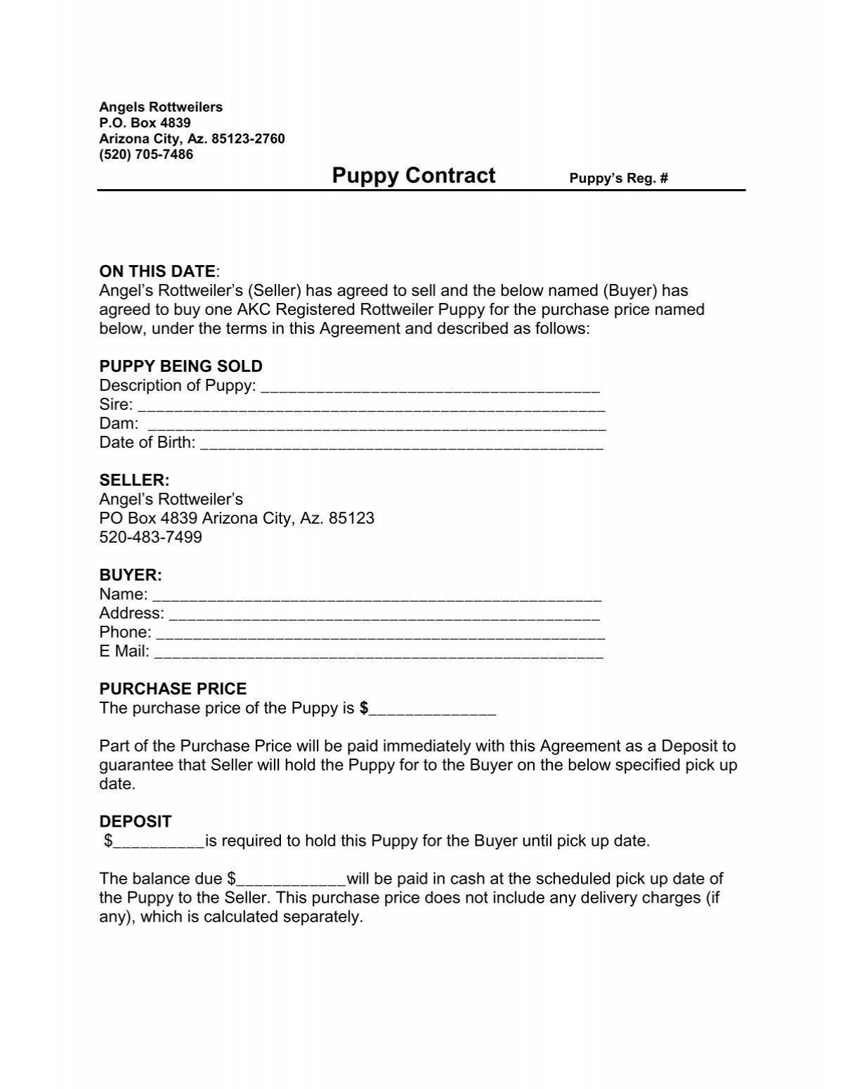 Free Printable Puppy Deposit Contract