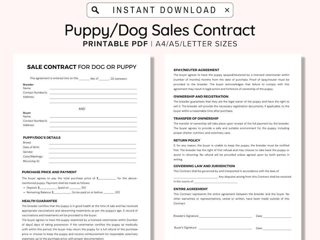 Puppy Sales Contract Pritable Puppy Deposit Contract Puppy Sale Contract Editable Puppy Contract Template Canva PDF Etsy