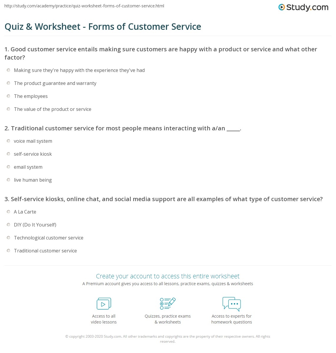 Quiz Worksheet Forms Of Customer Service Study