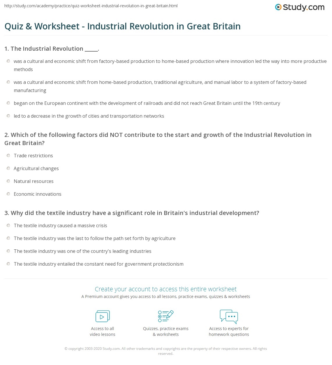 Quiz Worksheet Industrial Revolution In Great Britain Study