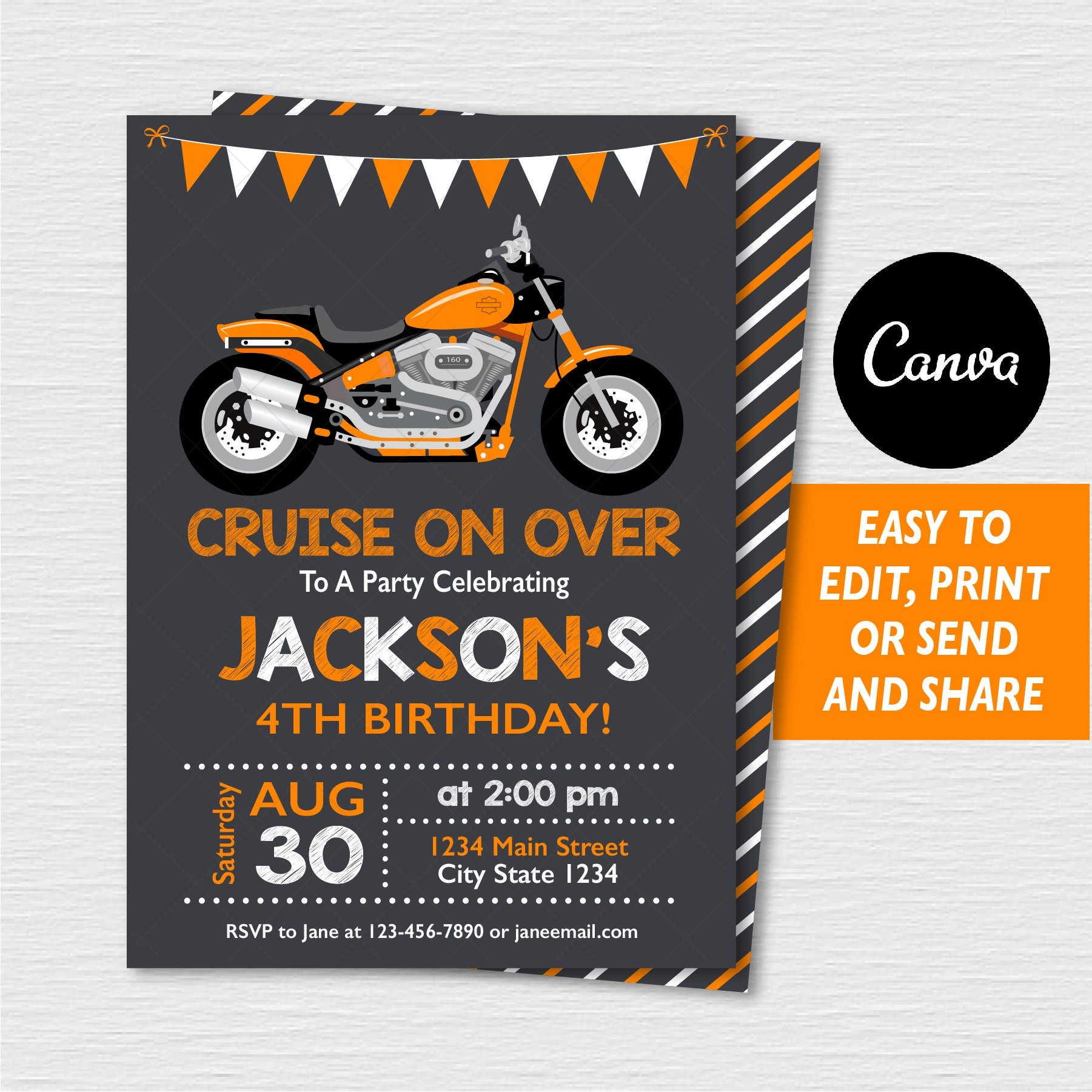 Self Editable Motorcycle Birthday Invitation Motorcycle Party Motorcycle Birthday Canva Template Orange Chalkboard INSTANT DOWNLOAD Etsy