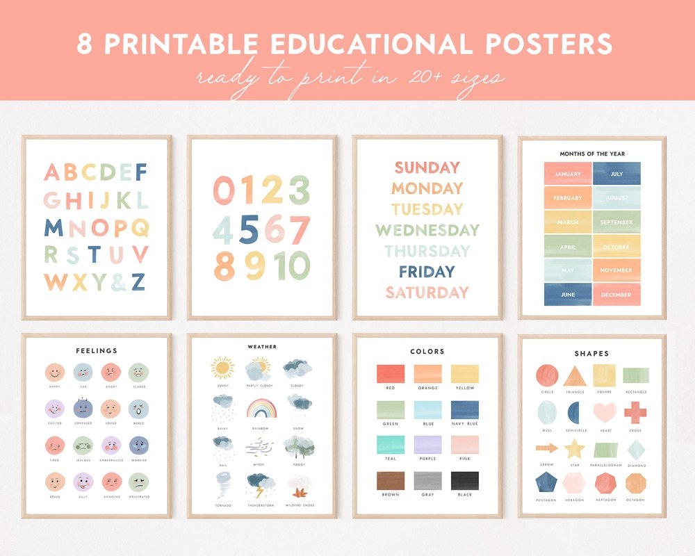 Set Of 8 Educational Posters Rainbow Montessori Classroom Decor Toddler Homeschool Prints Playroom Decor Wall Art Digital Download RNBW Essem Creatives Watercolor Clipart Business Branding