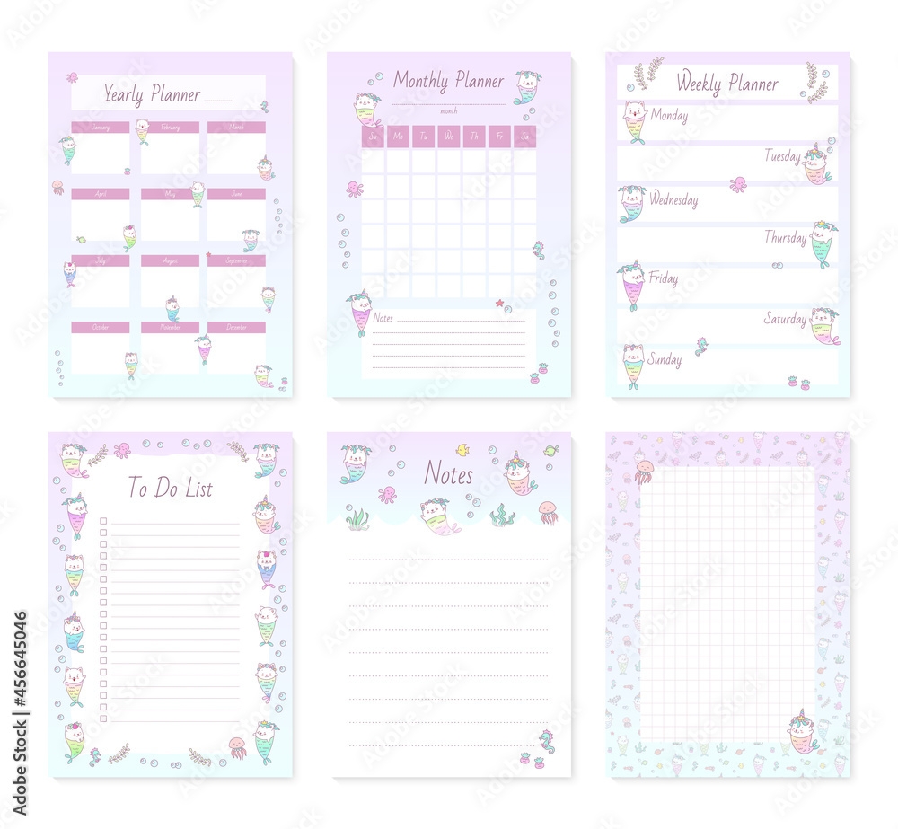 Set Of Cute Planner Page Templates Kawaii Yearly Monthly Weekly And Daily Organizers With Little Mermaid Kittens And Sea Creatures Vector 10 ESP Stock Vector Adobe Stock