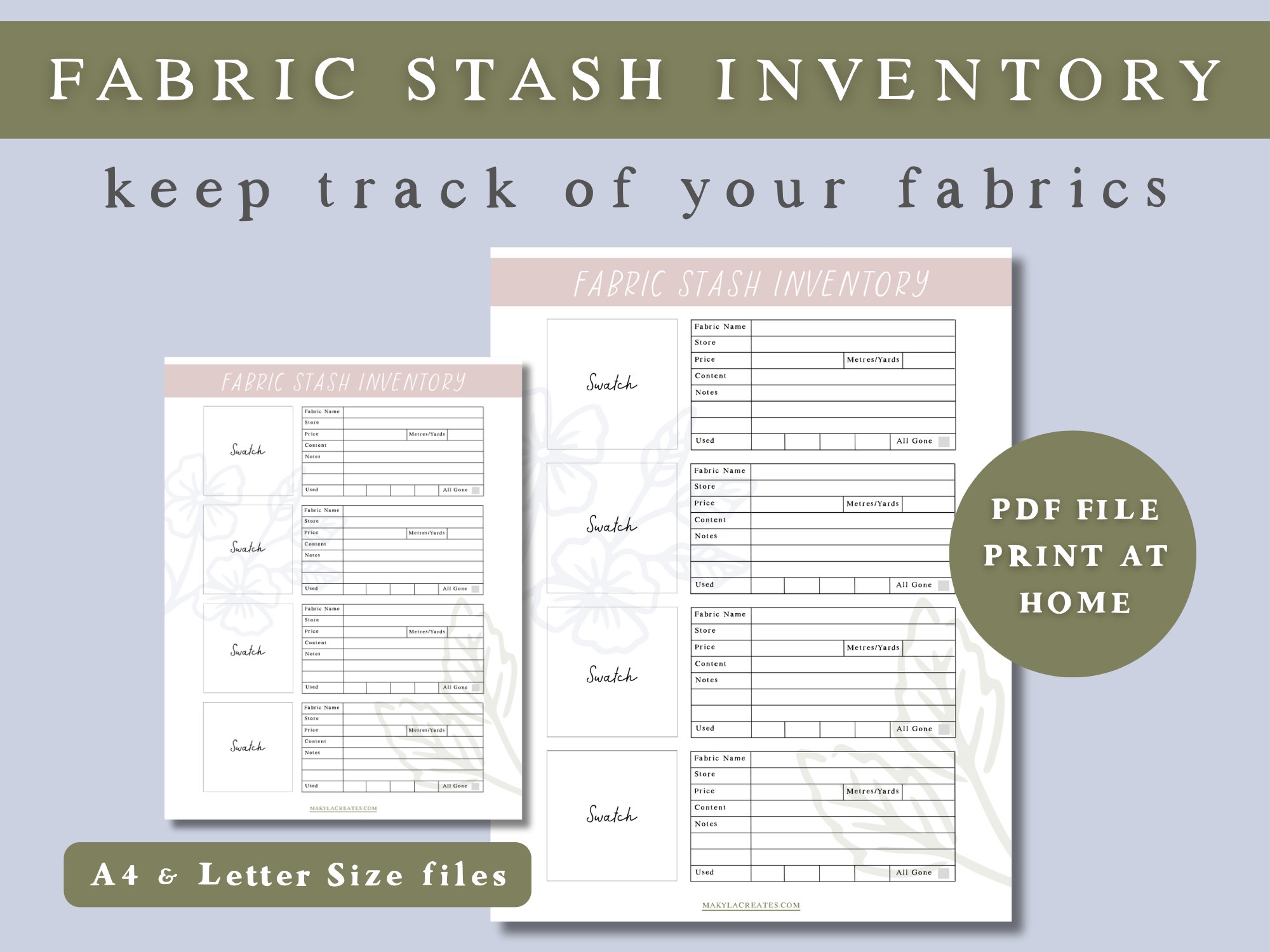 Sewing Fabric Stash Inventory PDF Printable Sheet A4 Letter Size Etsy