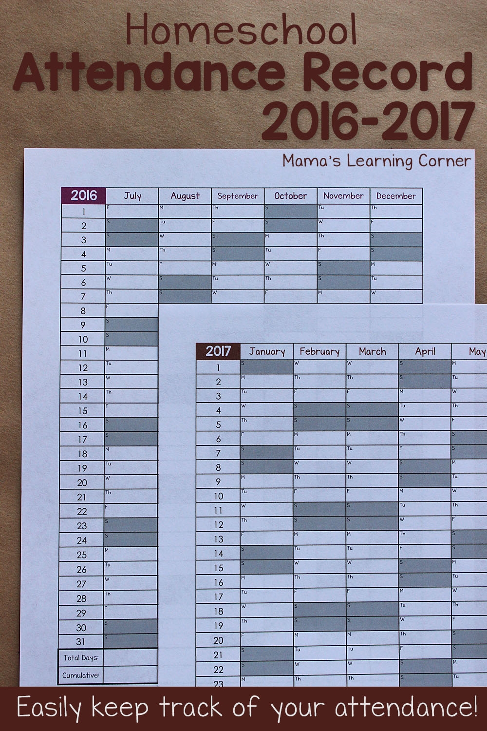 Simple Homeschool Attendance Record 2016 2017 Mamas Learning Corner