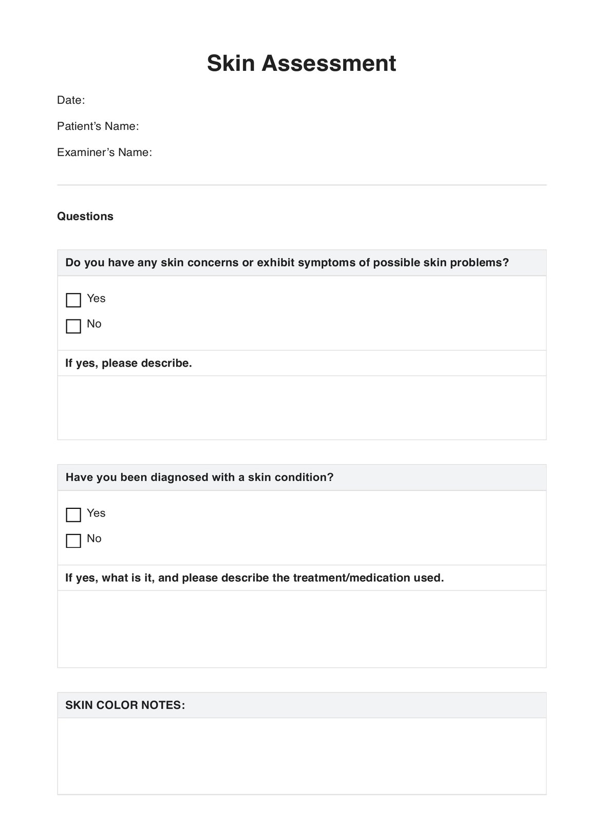 Skin Assessment Example Free PDF Download